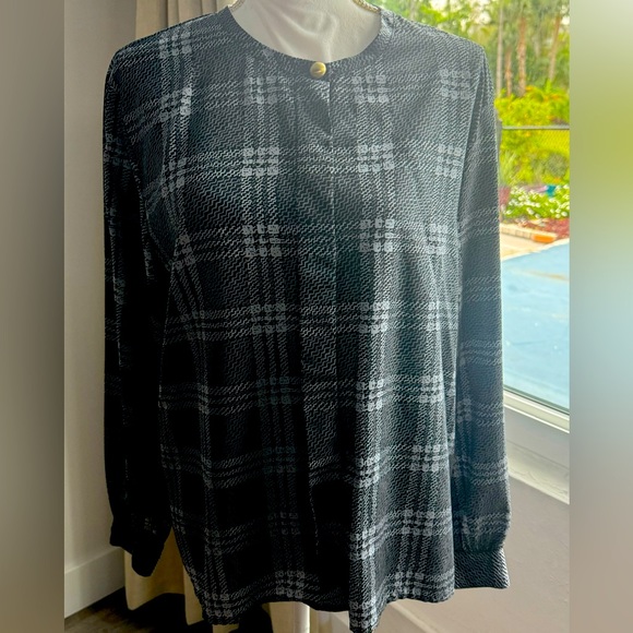 Peters & Ashley Liquid Silk Black Geometric Long Sleeve Vintage Blouse Size 14 - Picture 1 of 10
